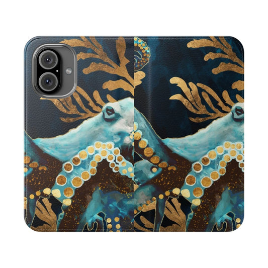 Closeup of a vibrant indigo-colored phone case featuring an abstract octopus design.