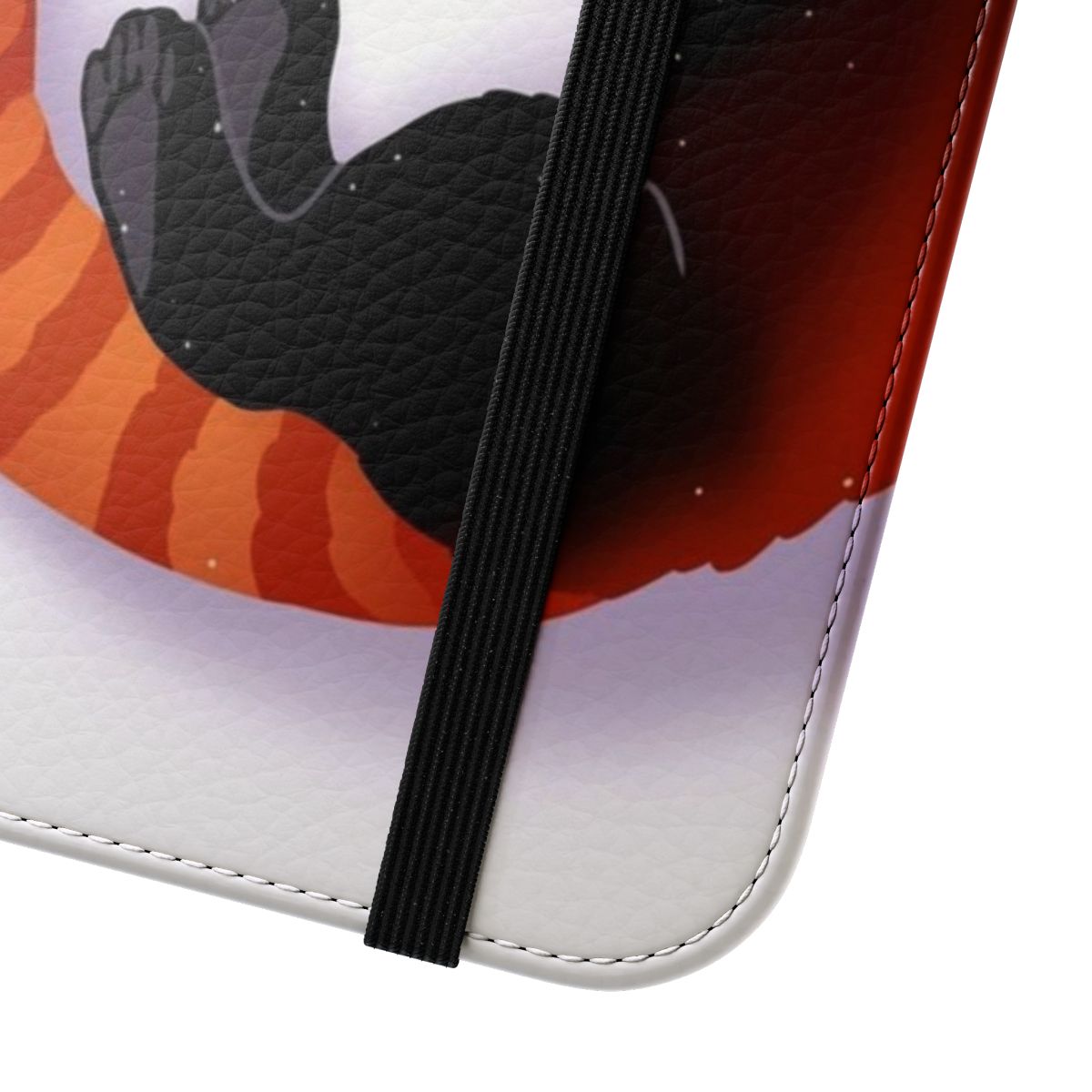 A vibrant red panda graphic printed on a protective phone case. - Close Up