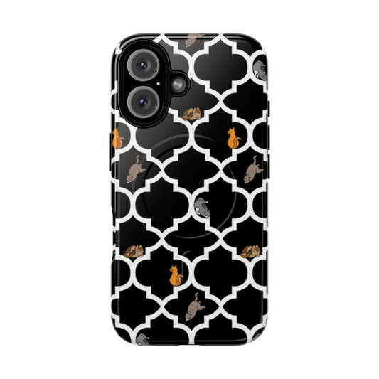 Magnetic black phone case featuring a cute, playful design of cats on a lattice pattern in black and white