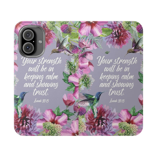 "Flip cover phone case featuring a design with hummingbirds and flowers"