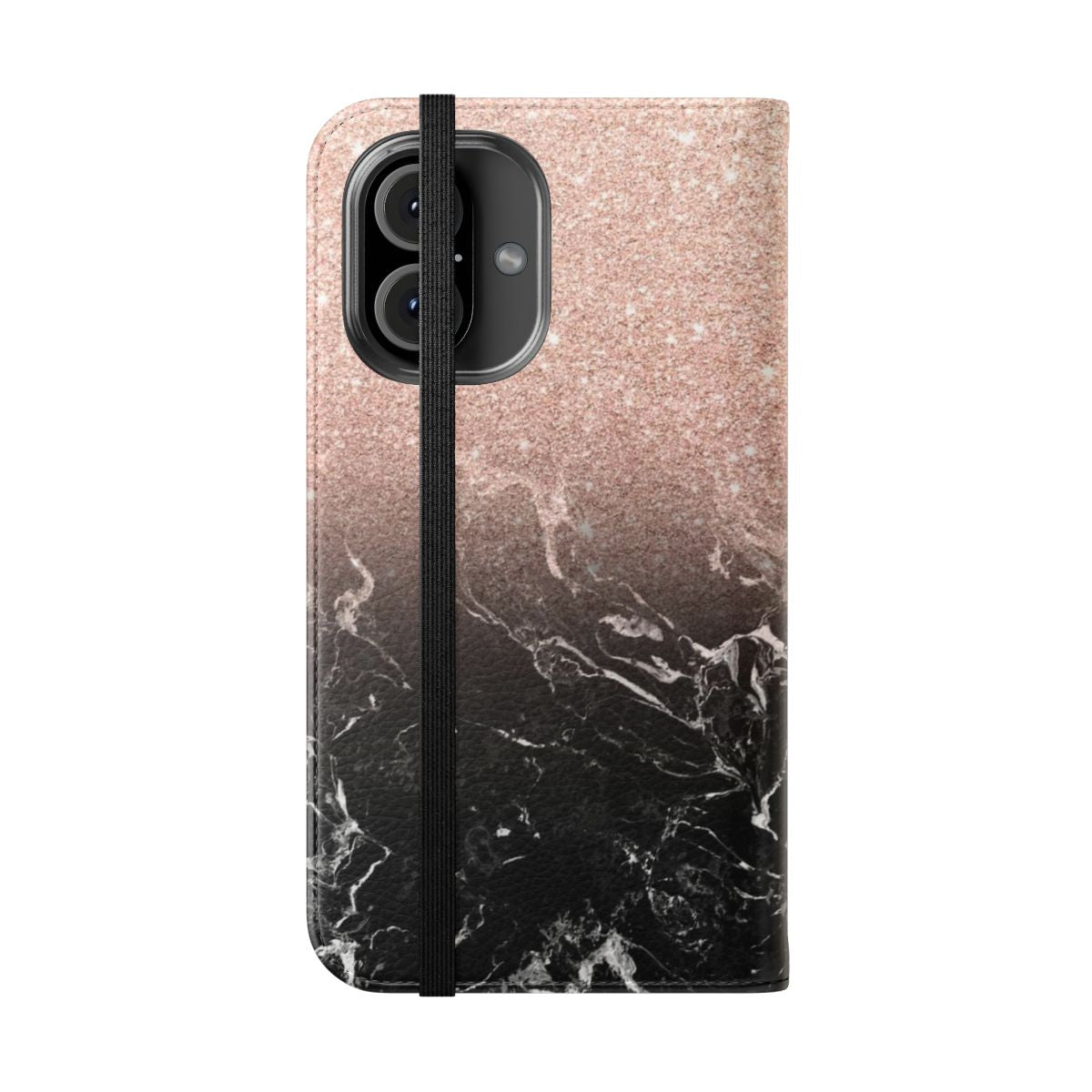 Closeup of a modern, ombre color block phone case in shades of black, rose gold, and white marble. - Folded Front