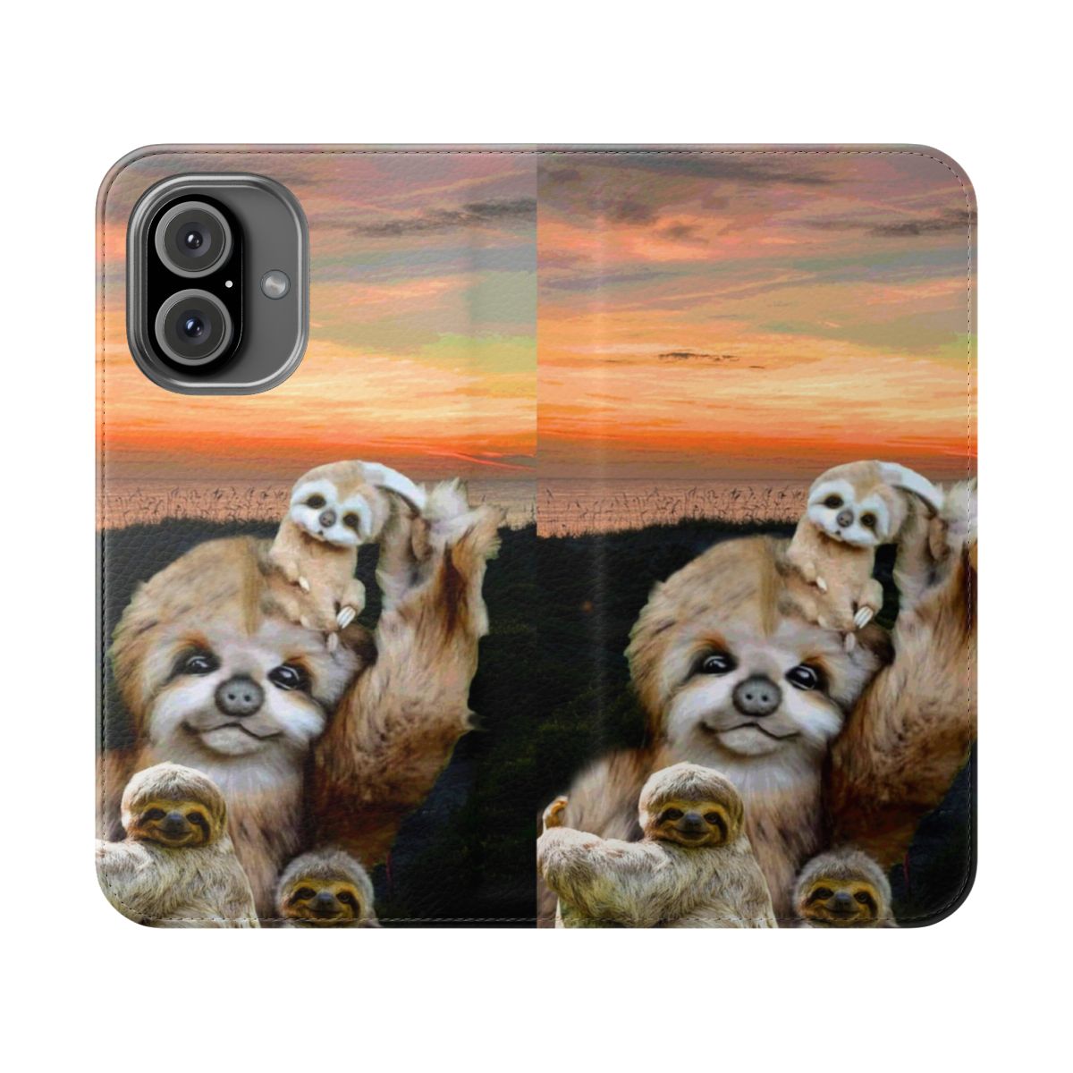 Illustration of a sloth family visiting the ocean during a sunset, on a flip cover phone case