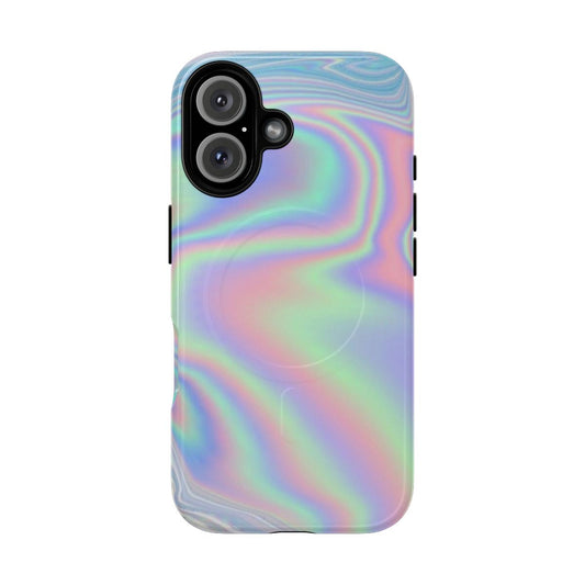 Holographic and iridescent phone case with a shimmering, wavy psychedelic pattern