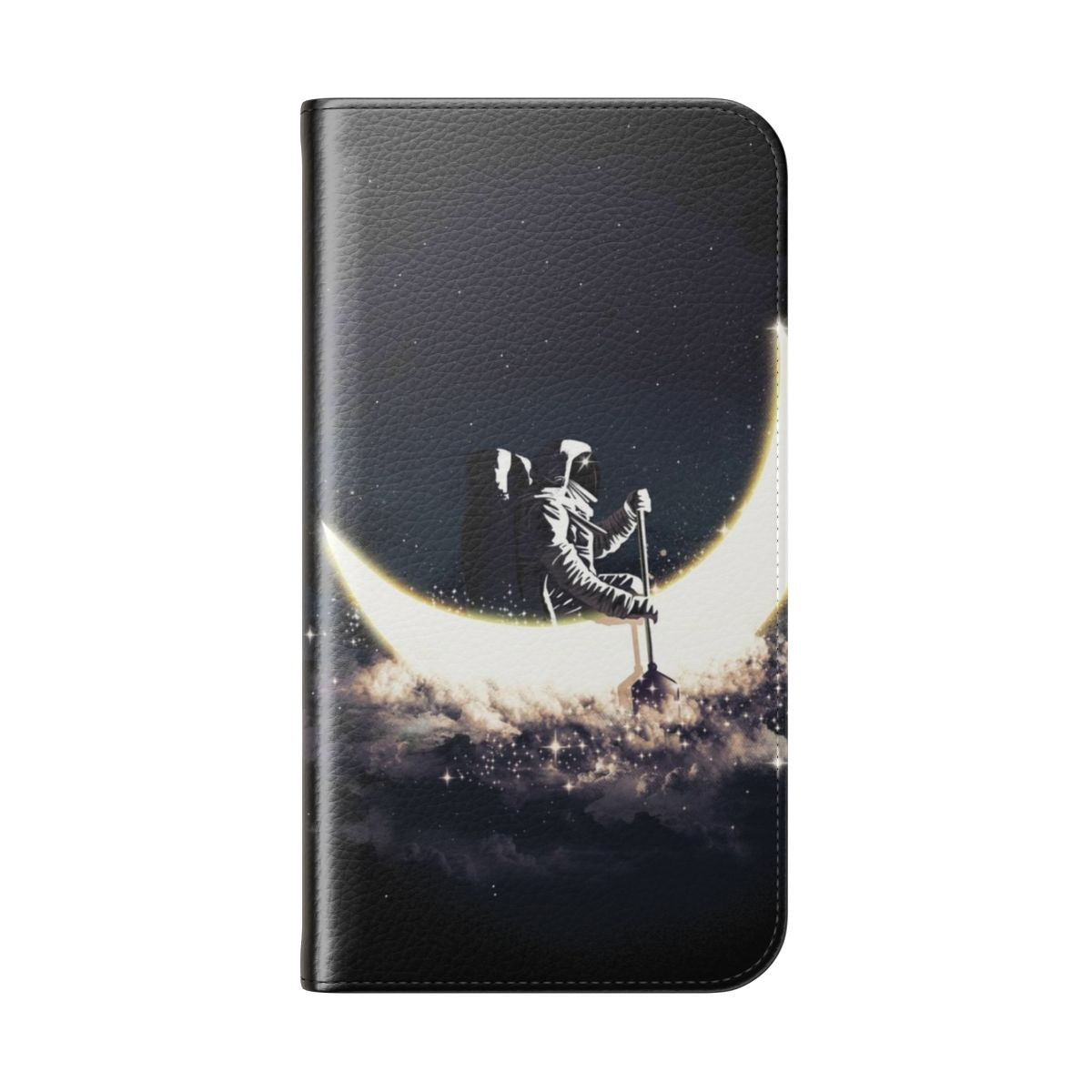 A sleek flip phone case featuring a surreal, abstract design with a sailing ship against a backdrop of the moon and stars. - Folded Back