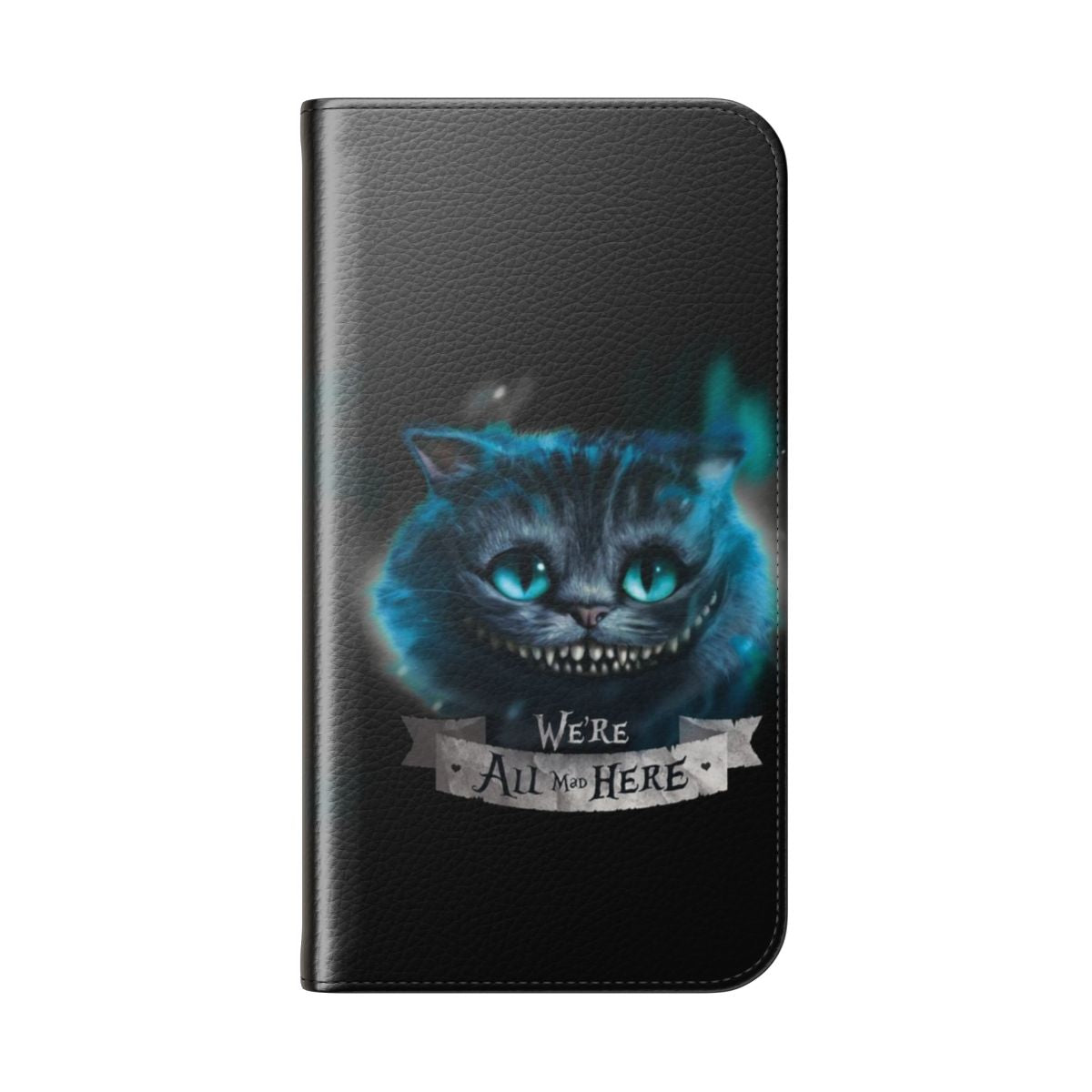 Whimsical Cheshire Cat-inspired phone case with colorful feline design - Folded Back