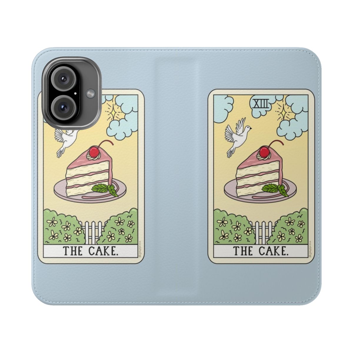 Vibrant flip phone case with a whimsical cake and tarot card design