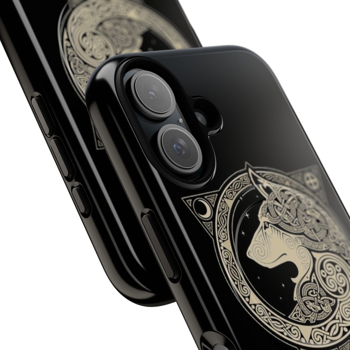 Closeup of a sleek and durable Norse ULV-inspired phone case with intricate Scandinavian mythology designs. - Detail