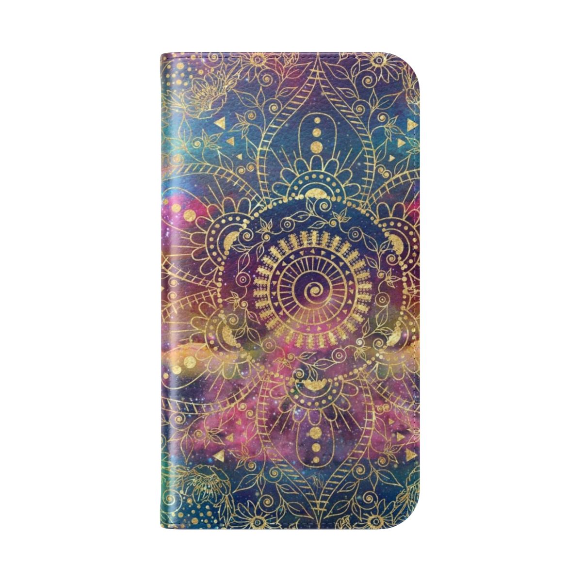 Vibrant gold mandala watercolor print with a mystical, spiritual, and celestial nebula design on a phone case. - Folded Back