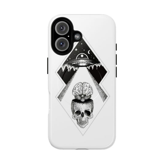 Unique handmade phone cases featuring intricate tattoo-inspired ink illustrations of cosmic, anatomical, and skeletal designs.