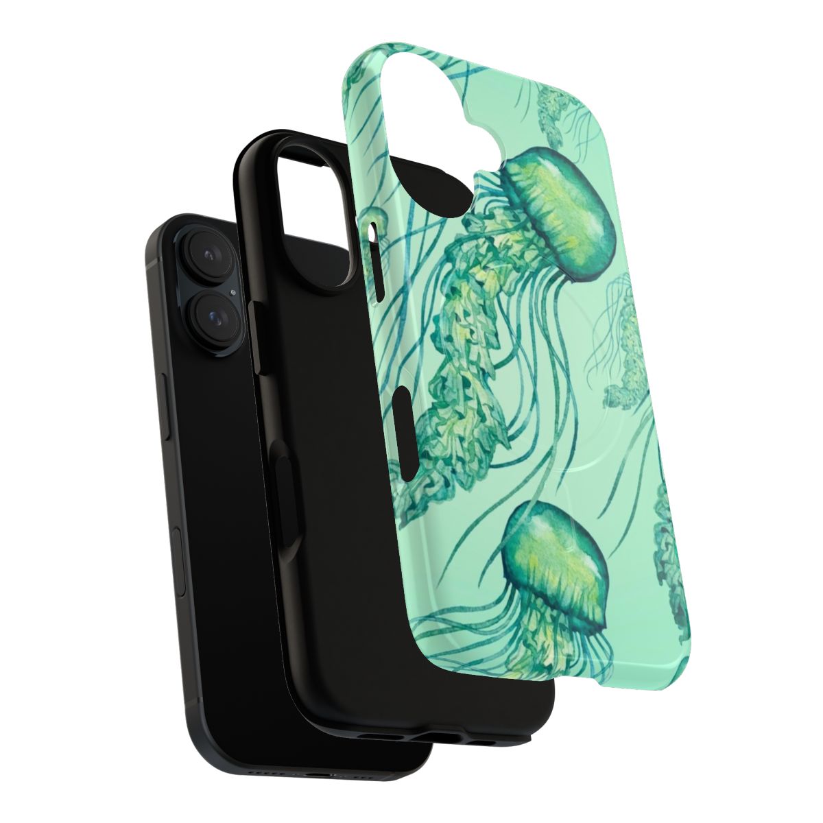 A watercolor jellyfish pattern on a durable, magnetic phone case. - Layers