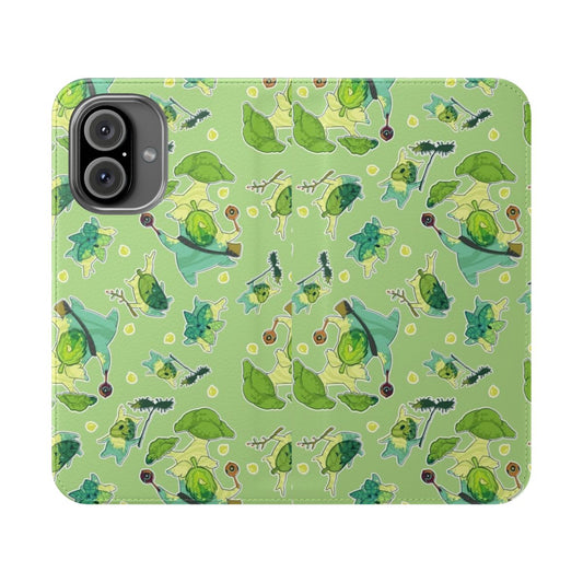 A green and brown phone case with a repeating Korok pattern, inspired by The Legend of Zelda: Breath of the Wild.