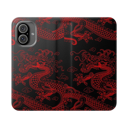 Vibrant red dragon design on a flip phone cover