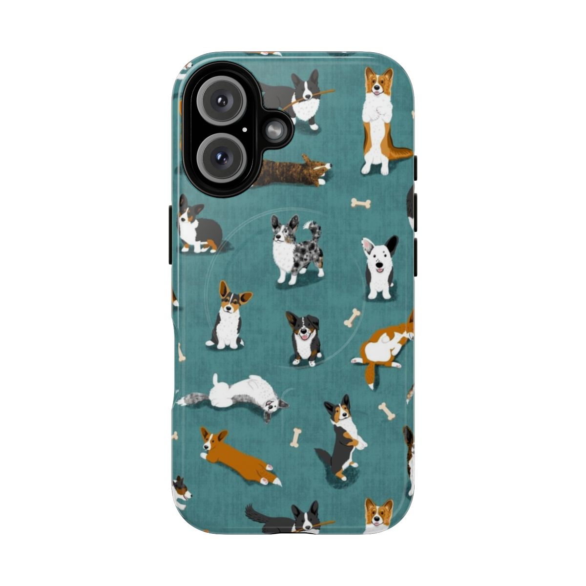 Teal phone case with cardigan corgi breed pattern