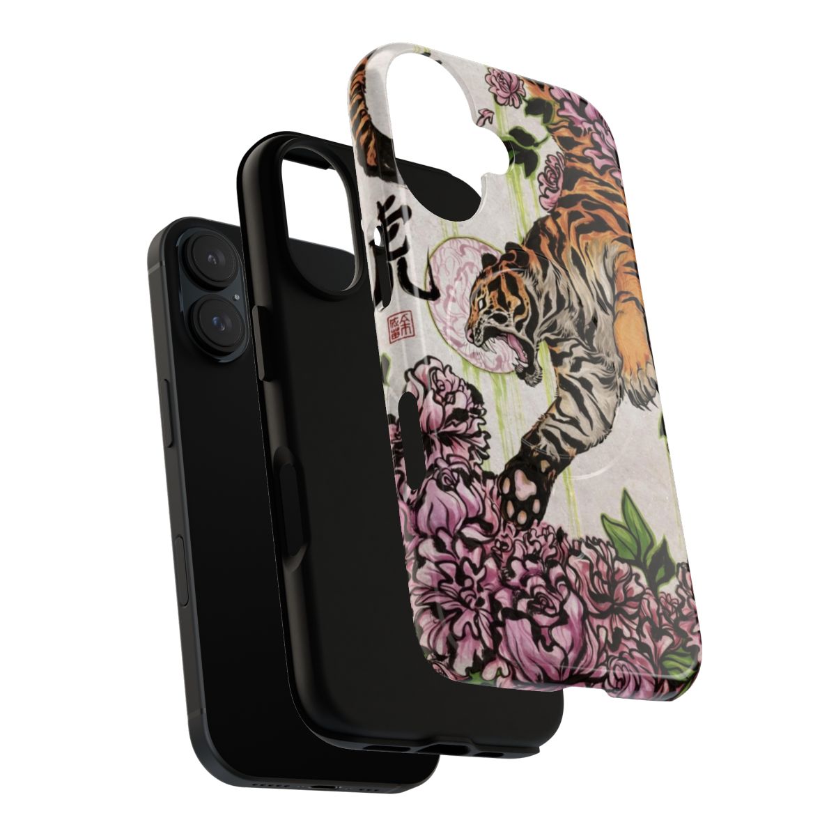 Magnetic phone case with a tiger-inspired design and brushwork patterns - Layers