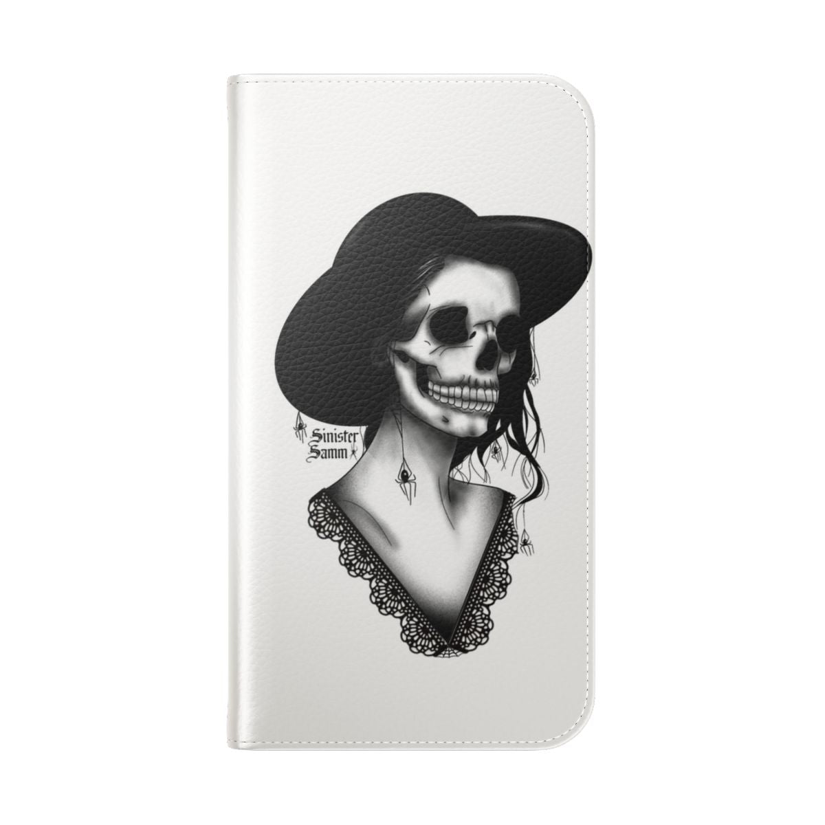 Lacey bones flip cover phone case with gothic, victorian, and spooky design - Folded Back