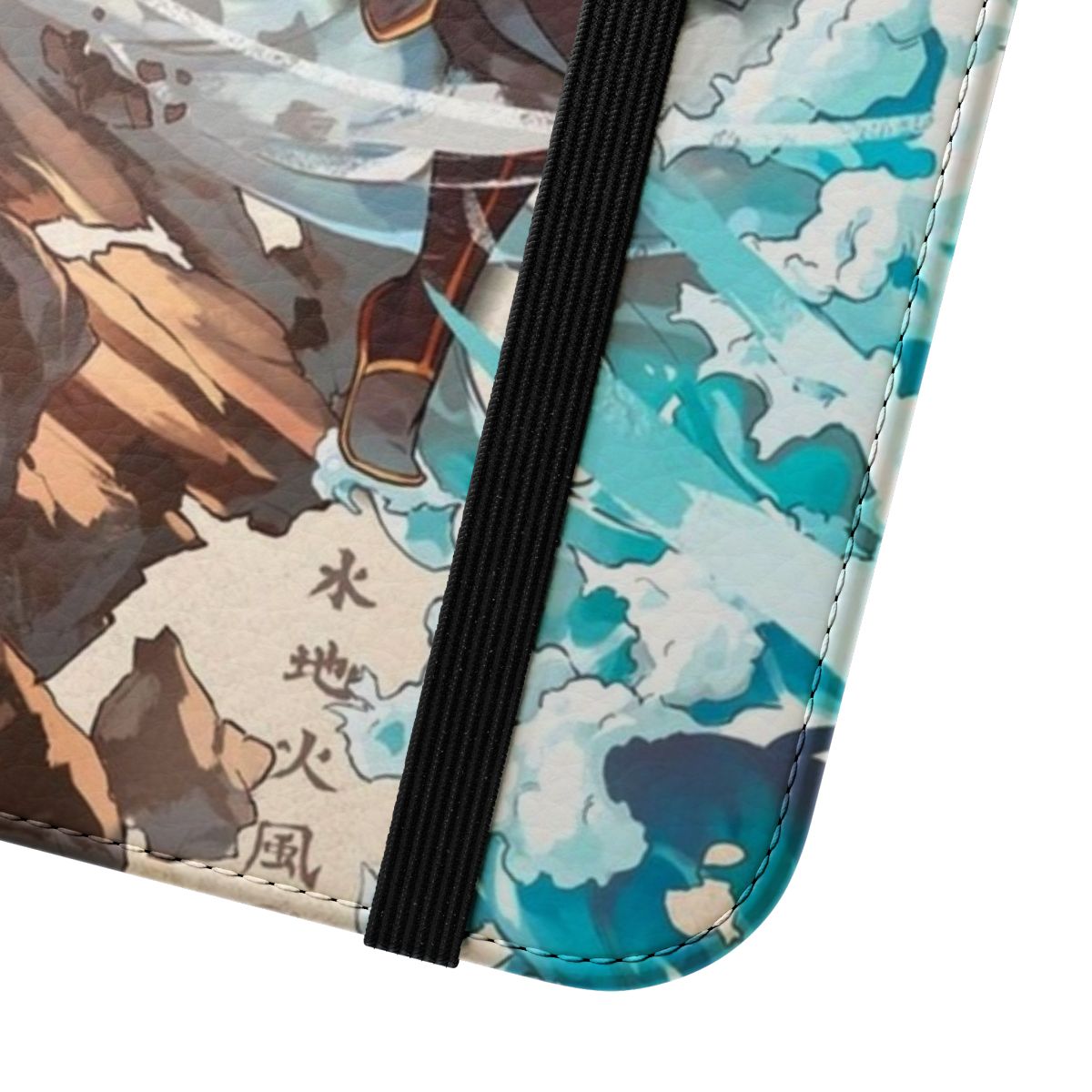 Colorful anime-style illustration of Aang, Appa, Katara, Zuko, and Toph on a flip cover phone case. - Close Up