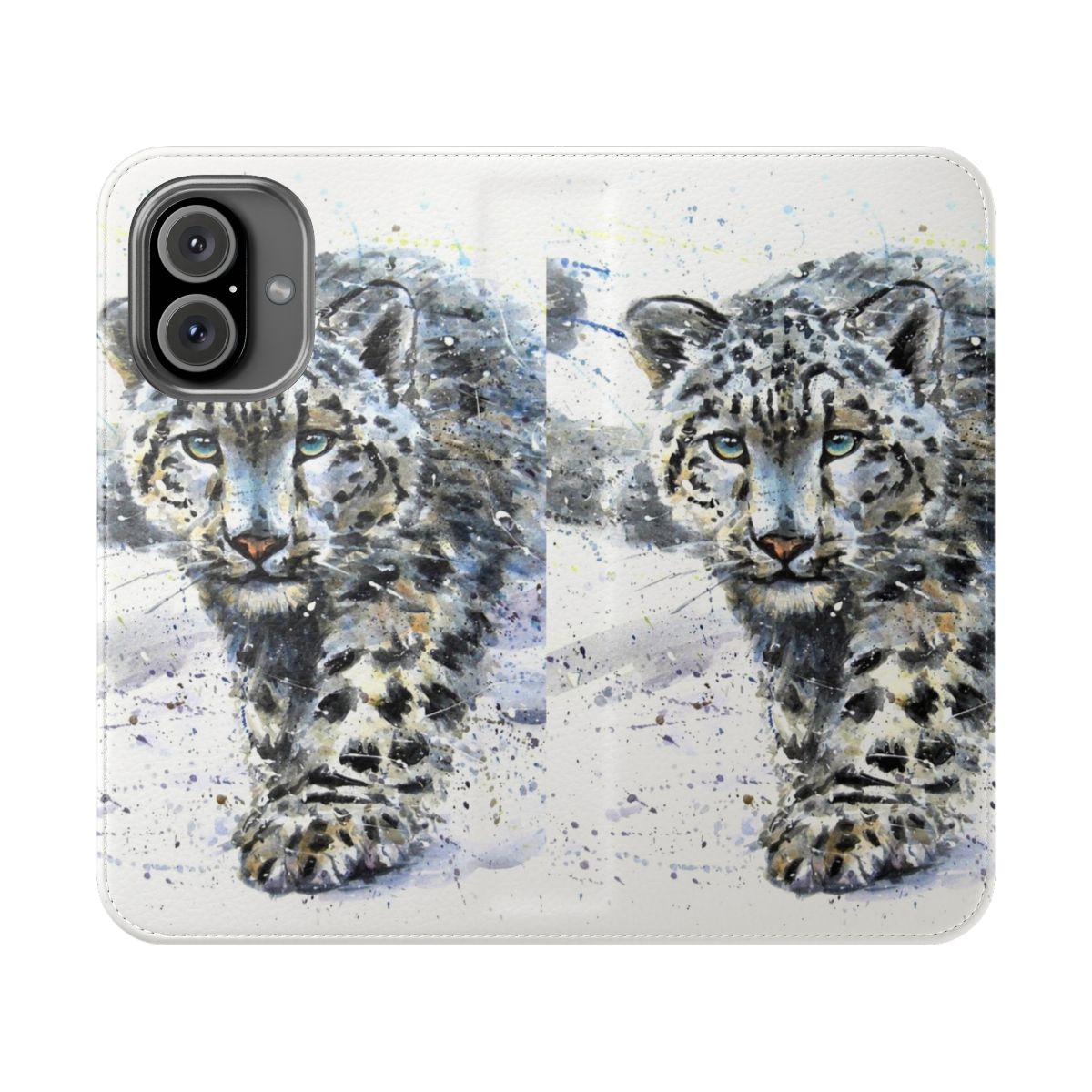 Vibrant watercolor painting of a snow leopard on a protective phone case cover