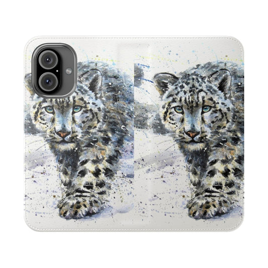 Vibrant watercolor painting of a snow leopard on a protective phone case cover