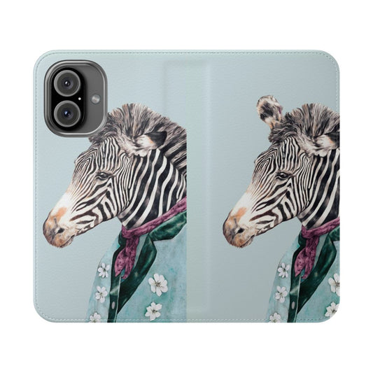 Blue and white boho flip phone case with a tribal zebra print design