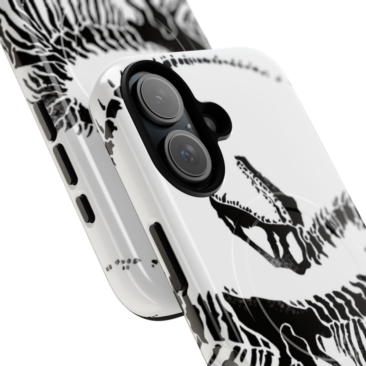 Velociraptor skeleton design on a tough, magnetic phone case - Detail