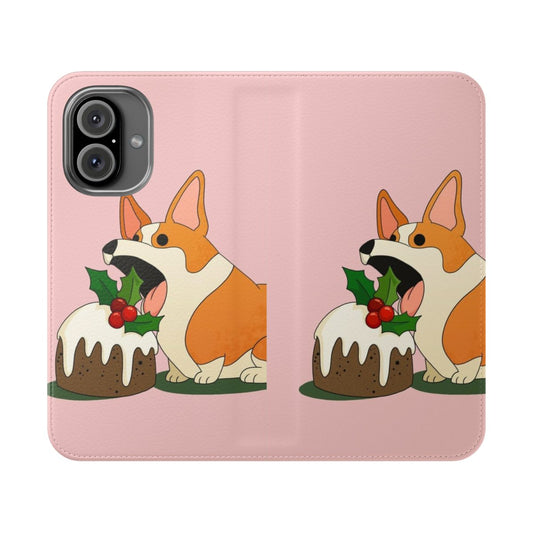 Digital art illustration of a Corgi dog in a holiday setting, wearing a Christmas-themed phone case cover