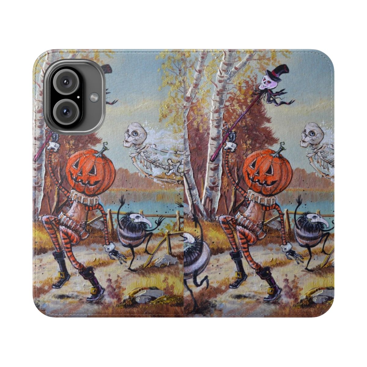 Flip cover phone case with a Halloween-themed design featuring pumpkins, ghosts, and other spooky elements.