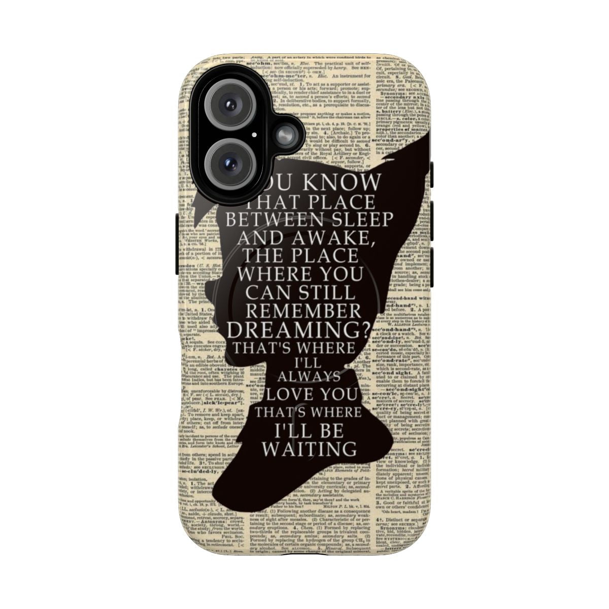 A phone case featuring a Peter Pan-inspired design with a vintage dictionary page background and flying stars.