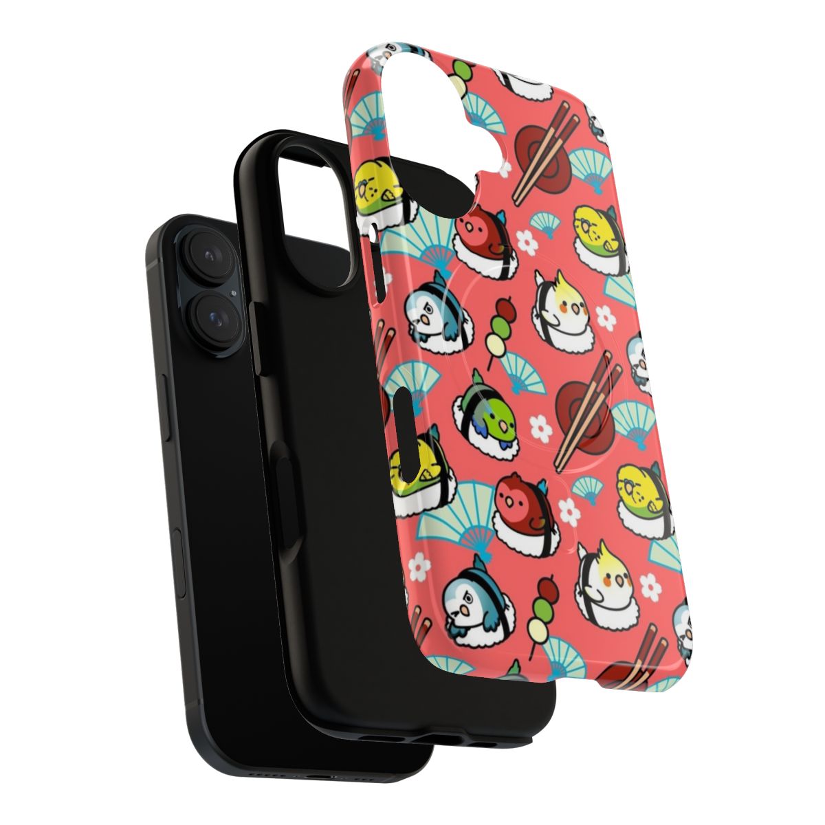 Vibrant phone case featuring a lovebird and sushi design - Layers