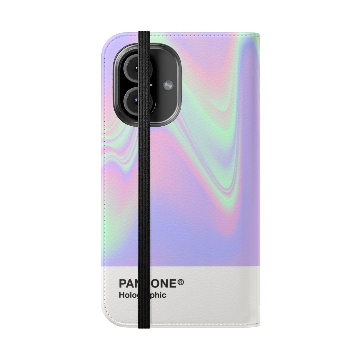 Shimmering holographic gradient phone case with vibrant colors and a stylish flip cover design. - Folded Front