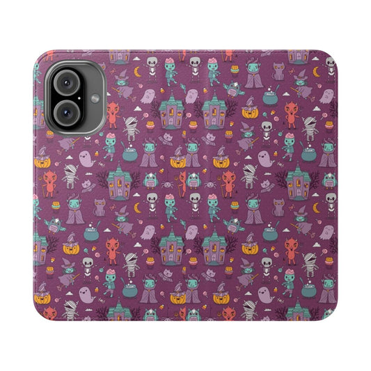 Spooky Halloween-themed flip cover phone case with creepy illustrations