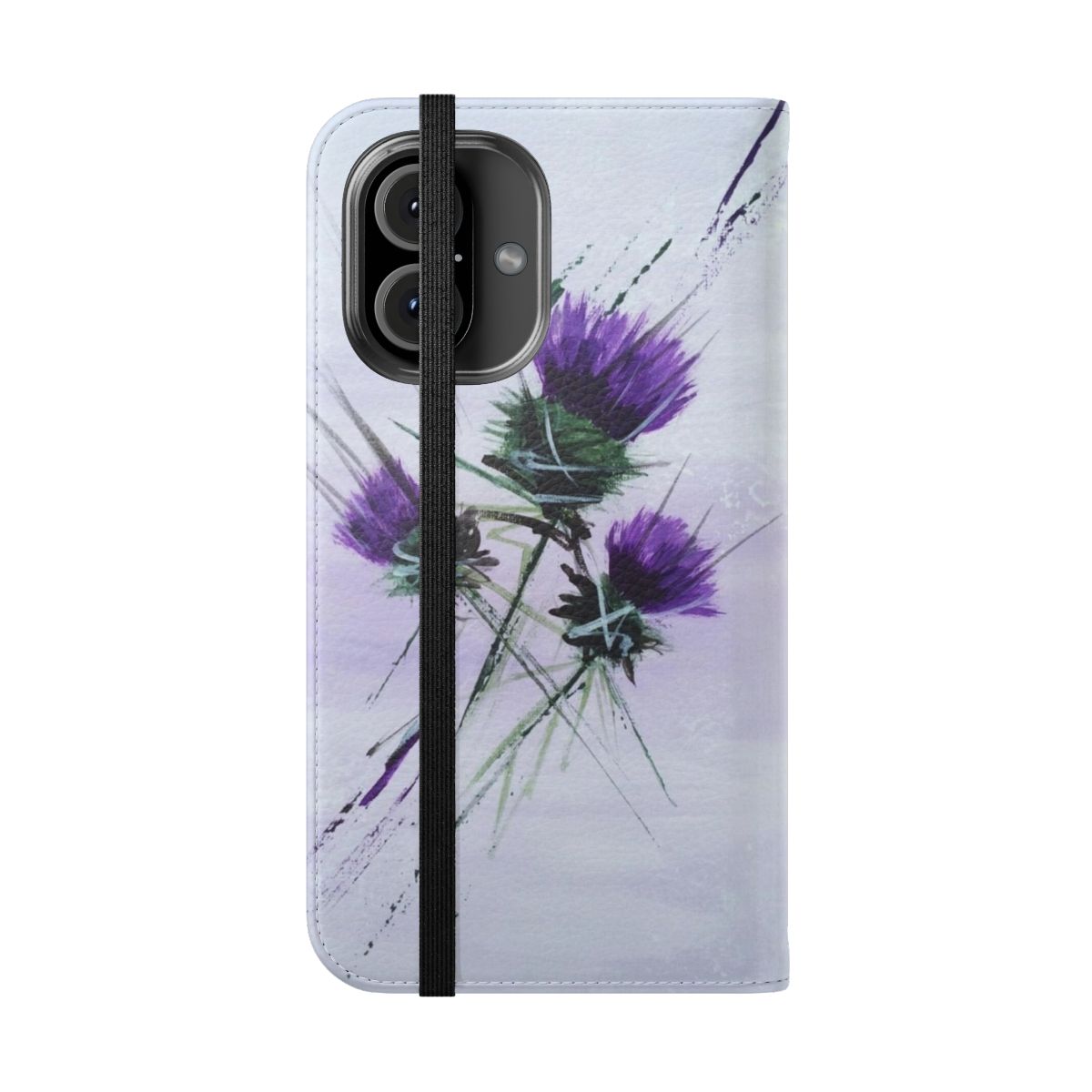 Flip cover phone case featuring a contemporary design of a purple and green Scottish thistle - Folded Front