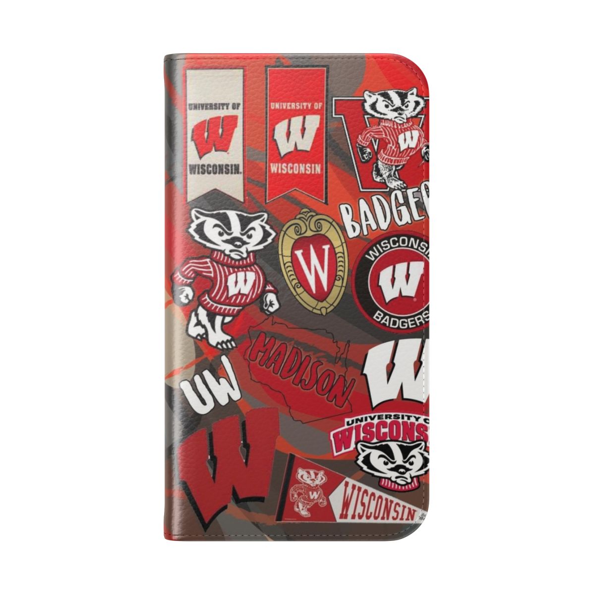 A phone case featuring the University of Wisconsin Madison Badgers logo and colors. - Folded Back