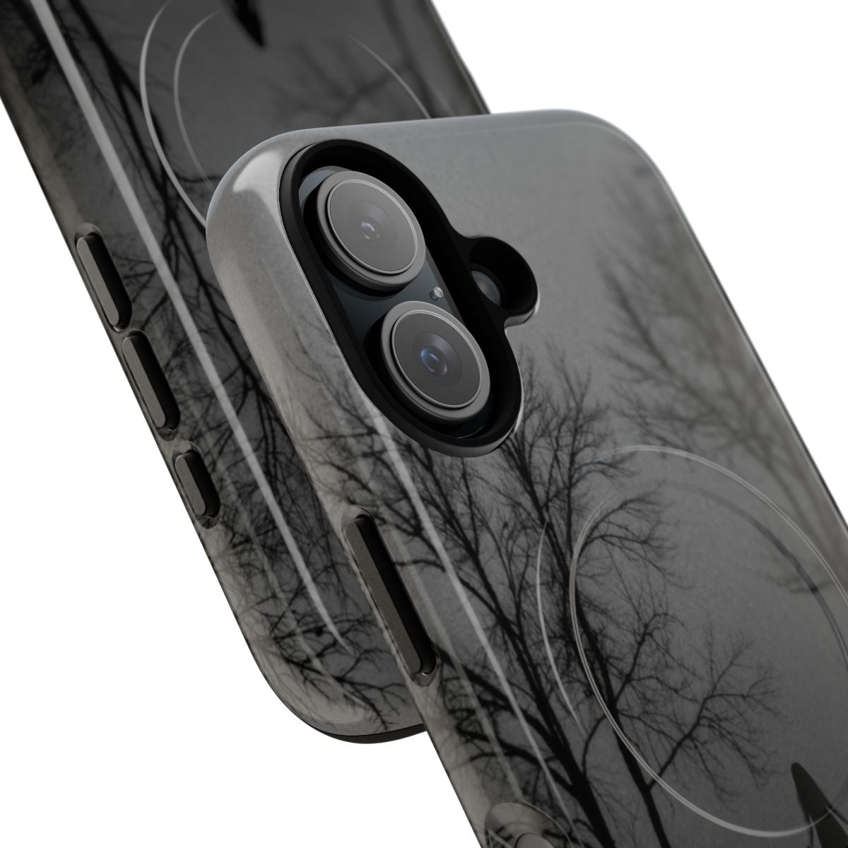 Magnetic phone case featuring a dark, spooky design with a witch, goat, and occult symbols in a wooded setting. - Detail