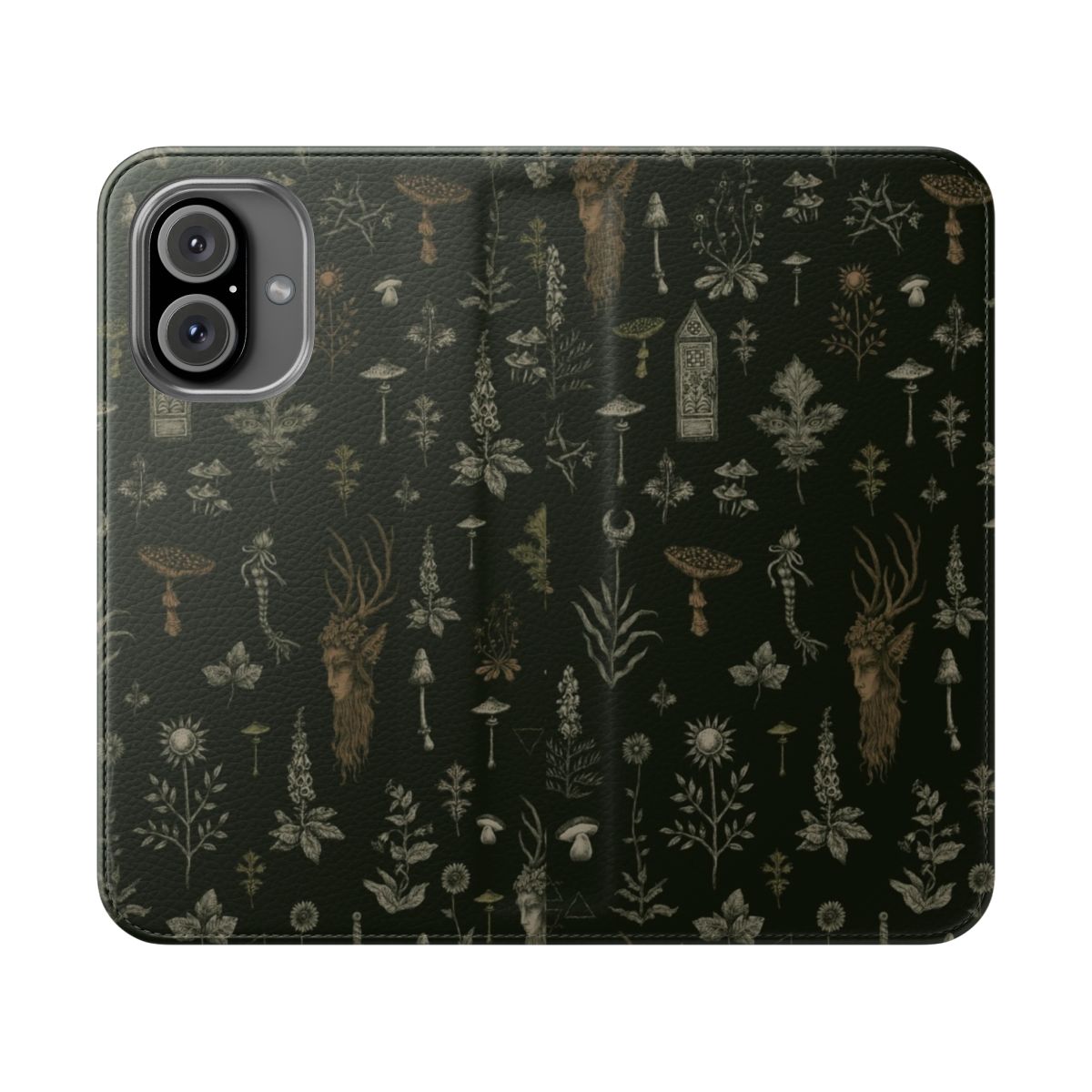 A stylish and protective phone case featuring a nature-inspired design with a guardian figure, trees, and mystical elements.