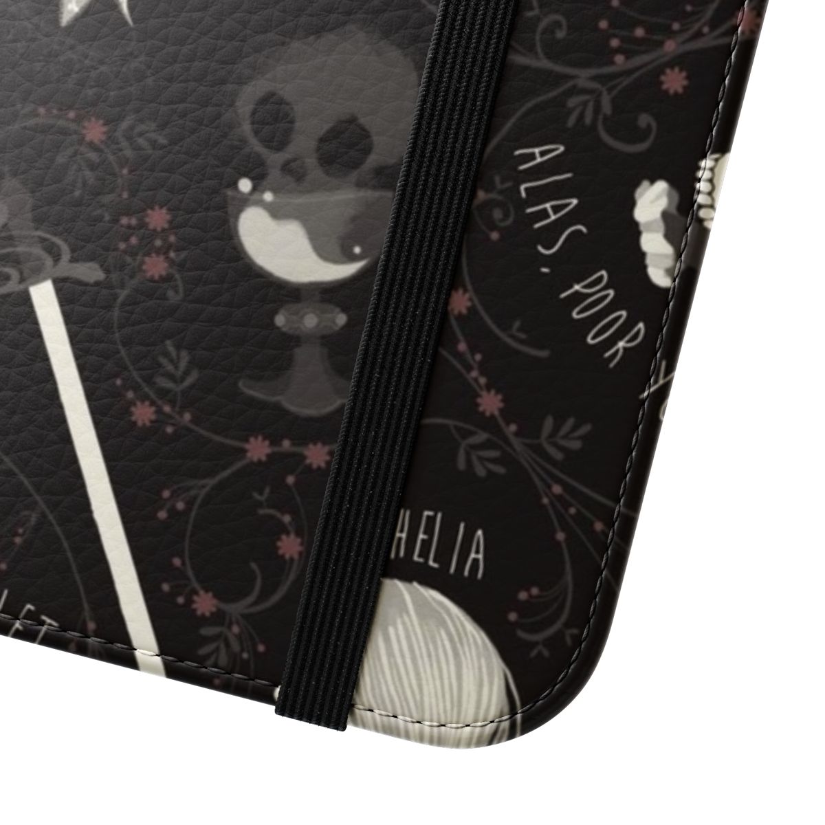 Black and grey flip phone case with Shakespearean Hamlet pattern design - Close Up