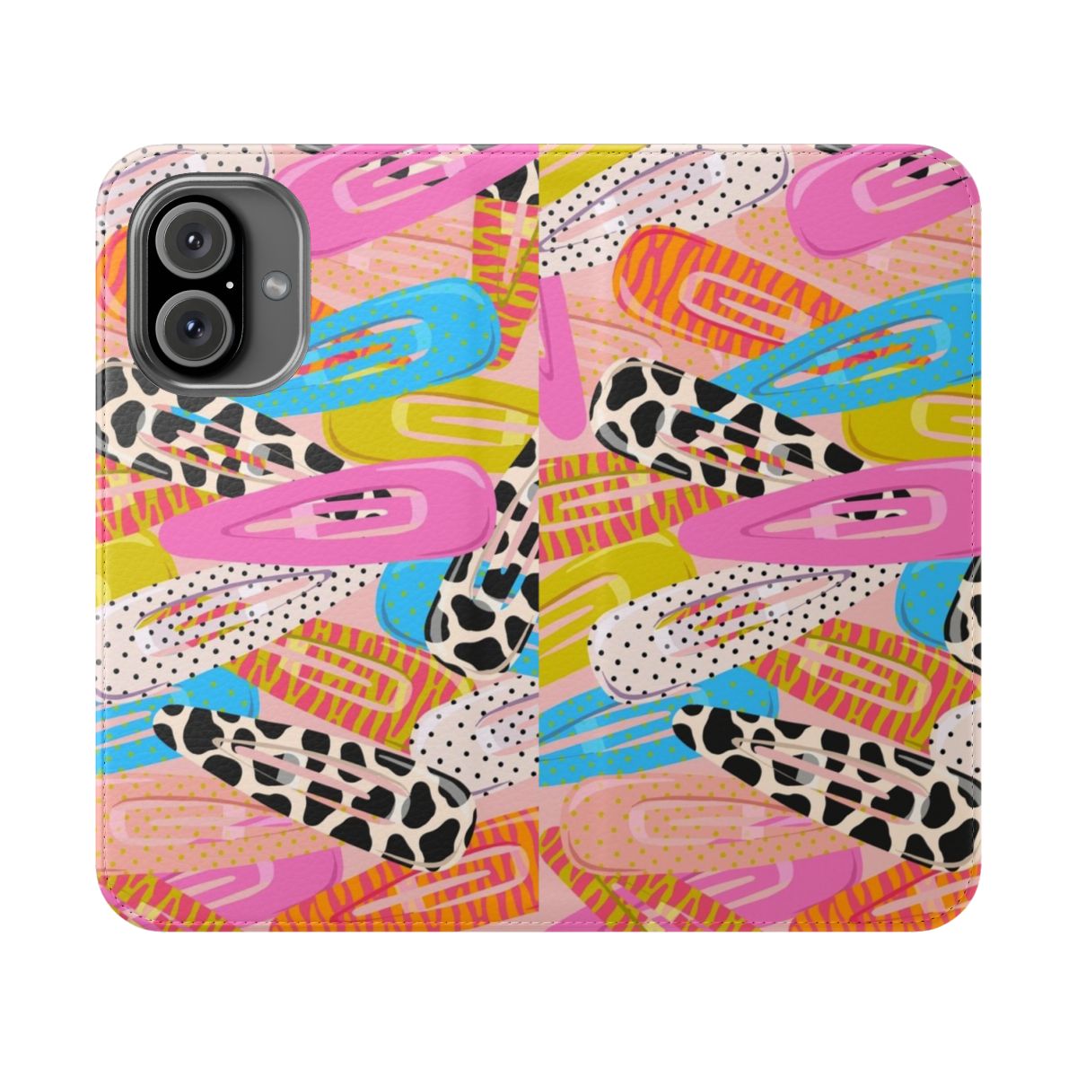 Retro-style phone case with a peach fuzz pattern and clip design