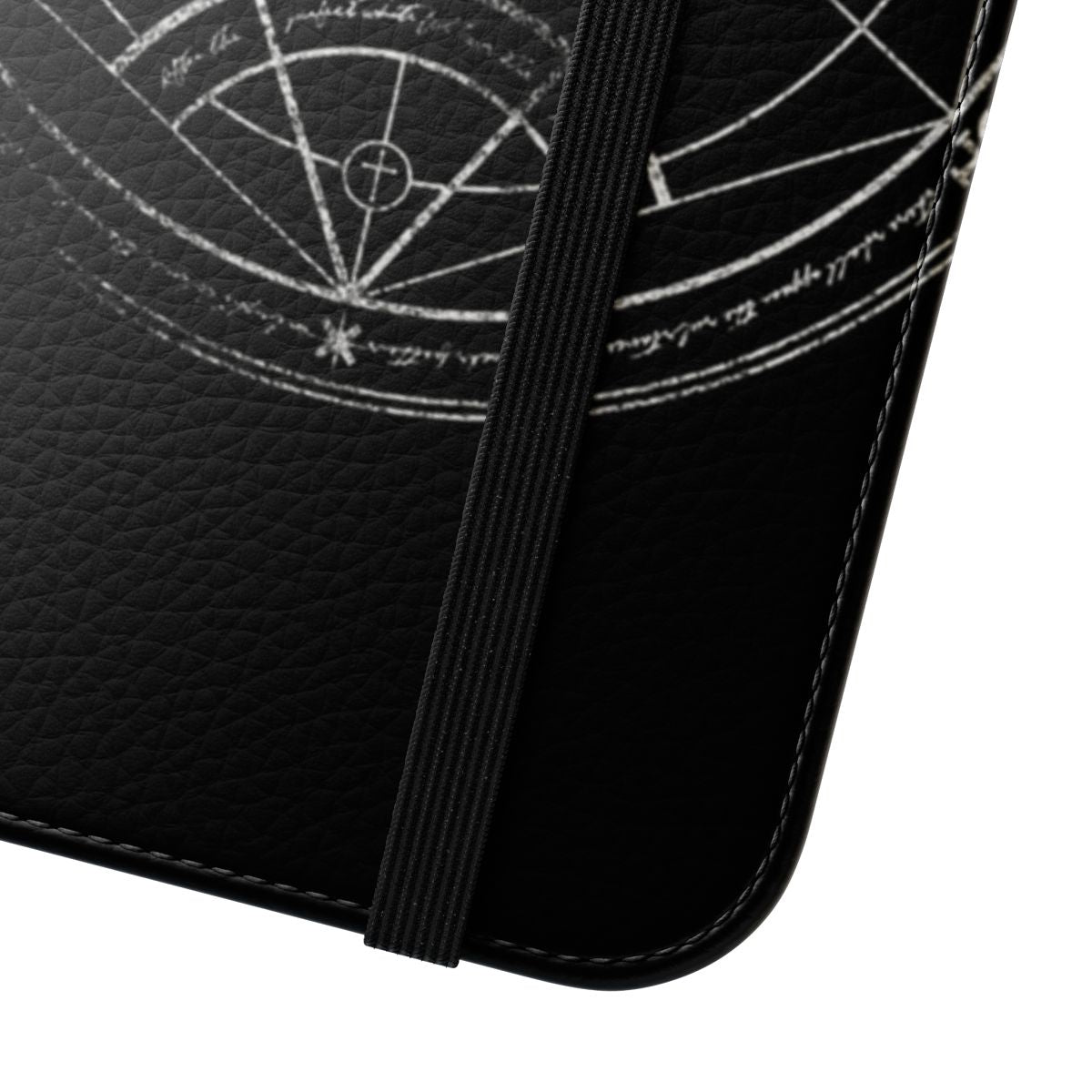 Weathered chalk human transmutation circle design on a mobile phone case. - Close Up