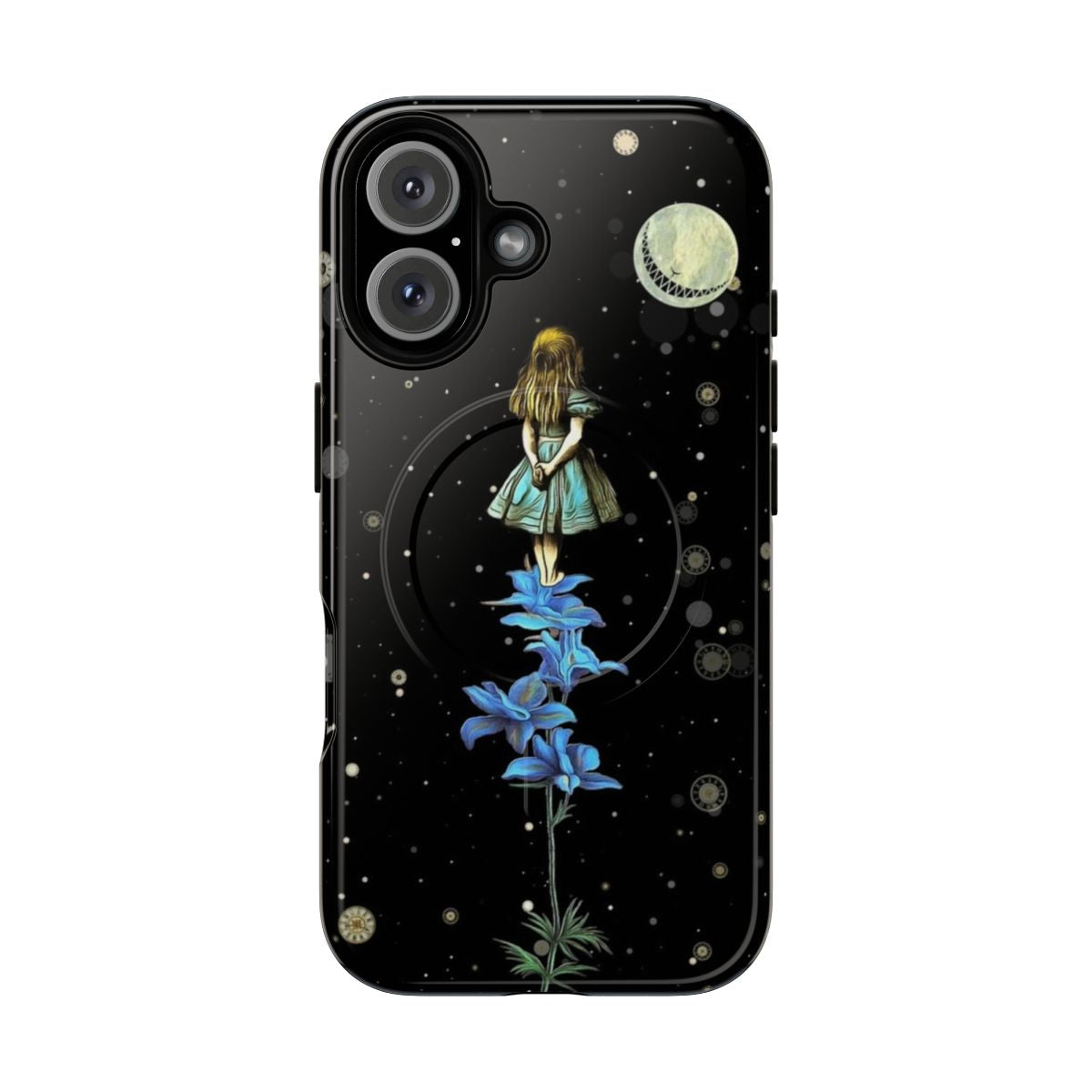 Enchanting Alice in Wonderland inspired phone case with a starry night sky design