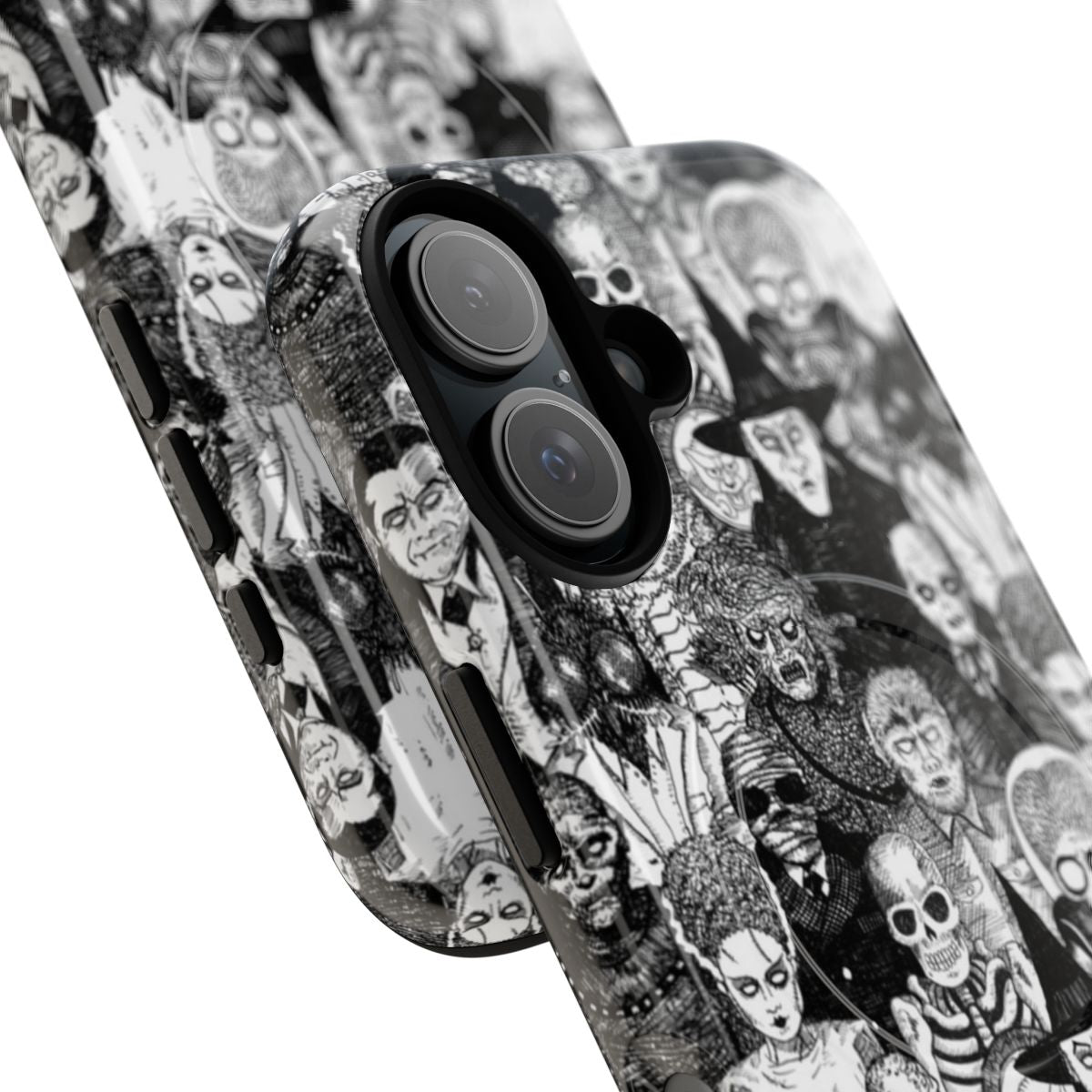 Spooky magnetic tough phone case featuring horror movie monsters in black and white - Detail