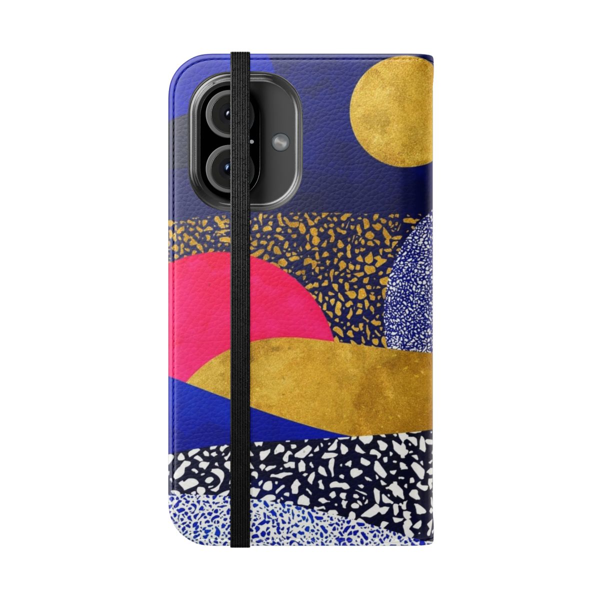 Terrazzo galaxy midnight blue, yellow, and rose gold flip cover phone case - Folded Front