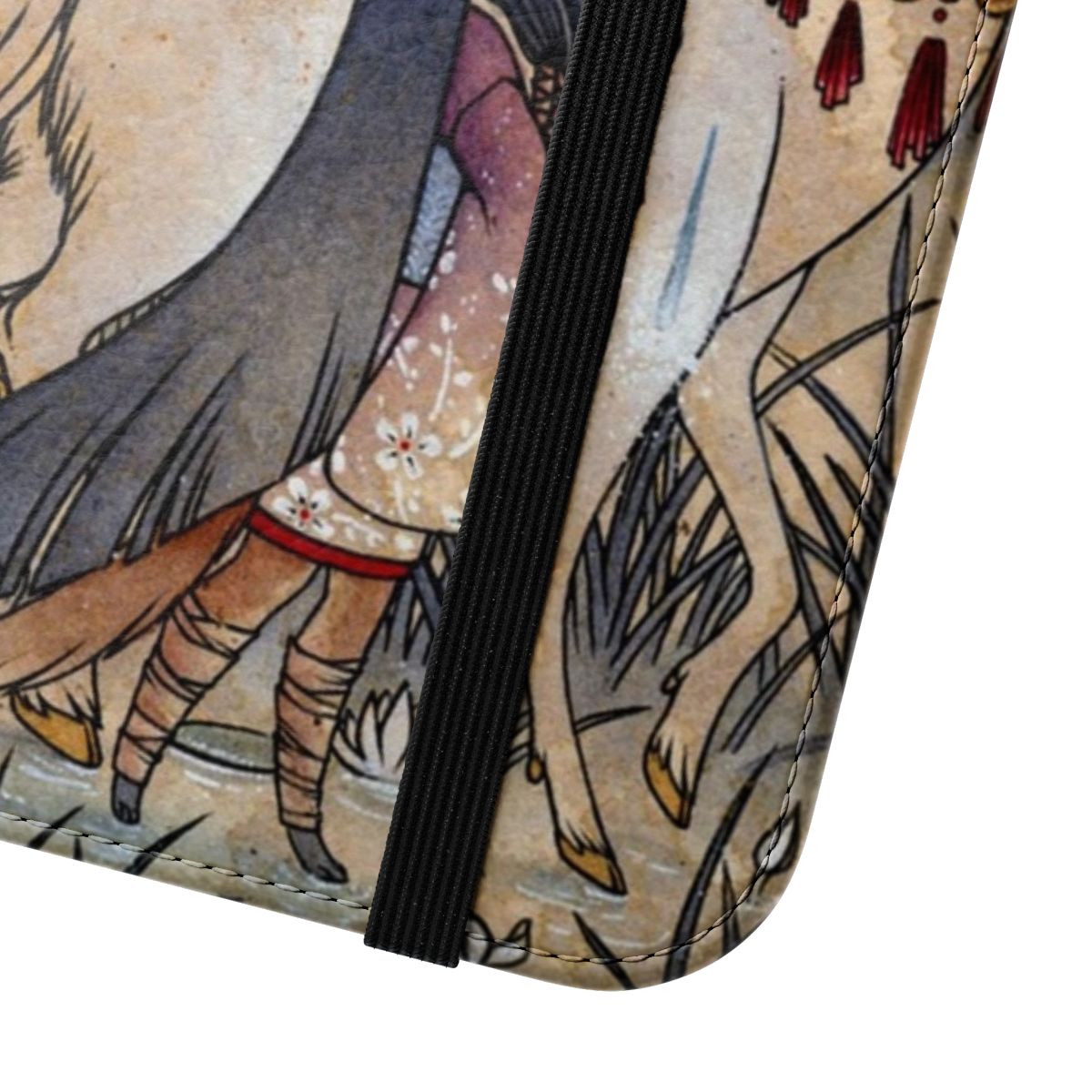 Flip phone case with a watercolor illustration of a tea fox or kitsune, a mythical Japanese spirit creature, surrounded by a crescent moon, forest, and ethereal elements. - Close Up