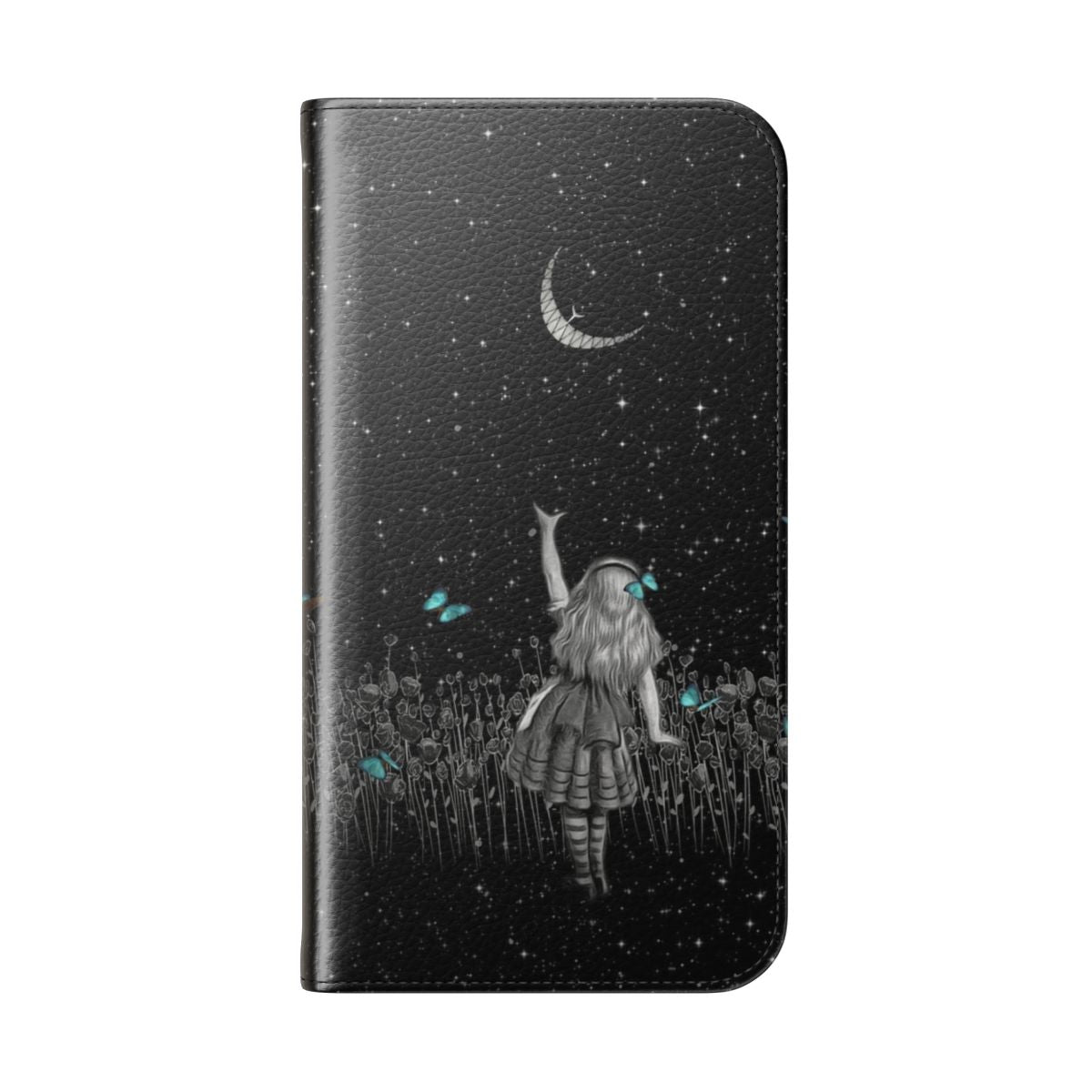 Flip cover phone case featuring a design inspired by the Starry Night and Alice in Wonderland - Folded Back