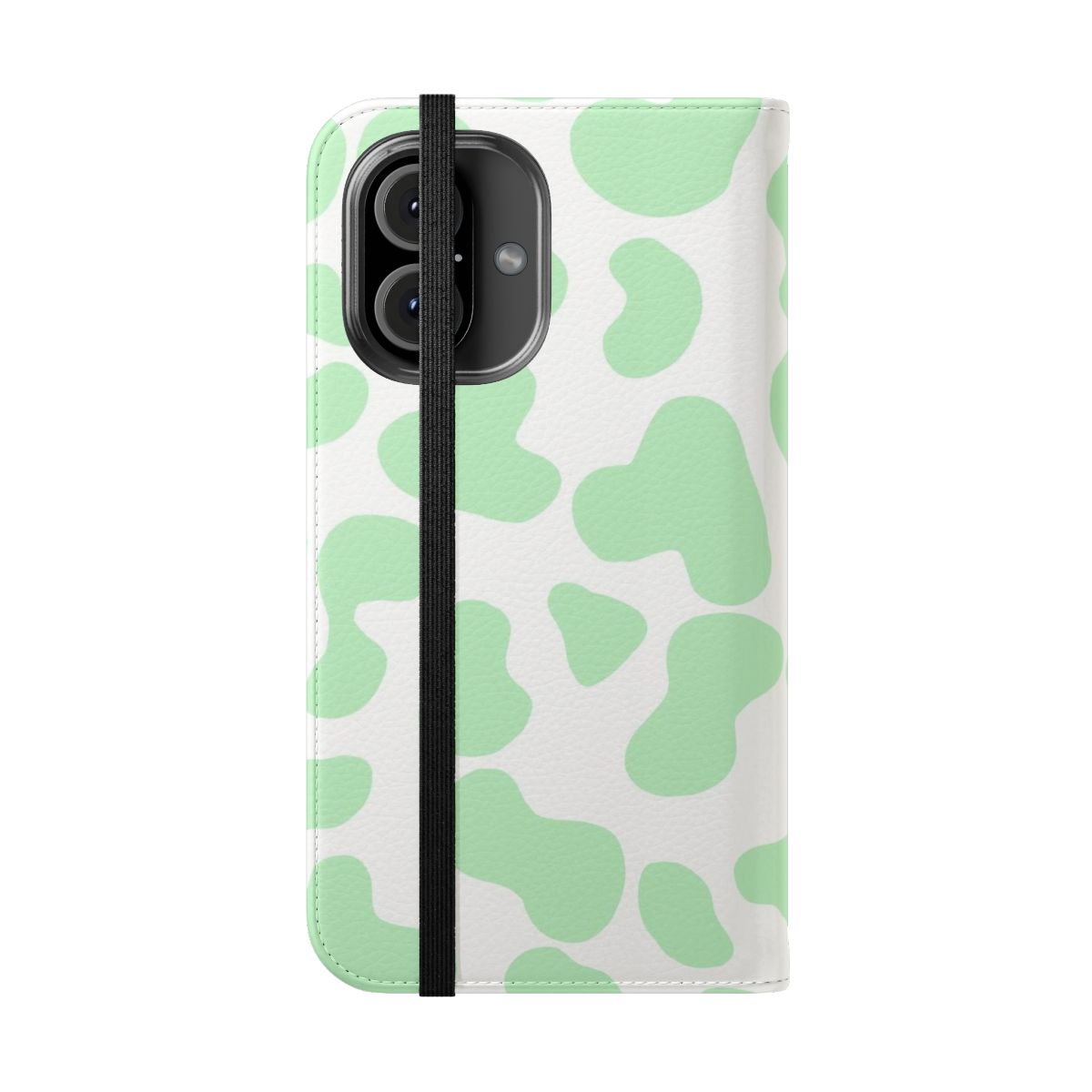 Mint green phone case with a cute cow pattern design - Folded Front