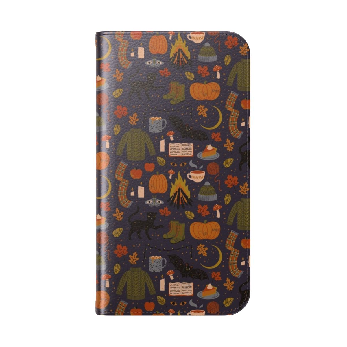 Cozy and spooky autumn nights phone case with fall foliage, pumpkins, and a black cat. - Folded Back