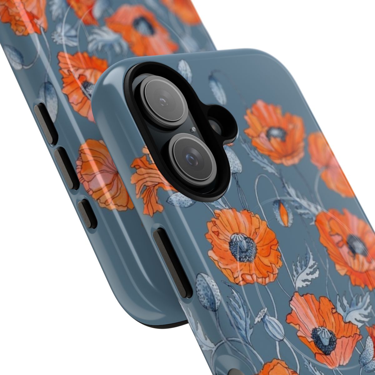 Artistic phone case featuring a botanical floral design with vibrant red and orange poppy flowers. - Detail