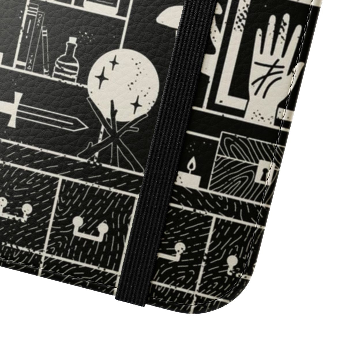 Flip cover phone case with a moon altar design in black and white - Close Up