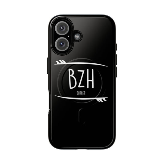 Rugged phone case with a magnetic closure featuring a surfer design for BZH surf enthusiasts