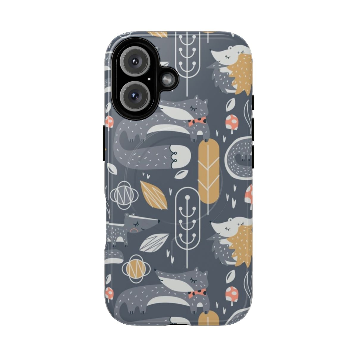 A collage of illustrations featuring forest elements like leaves, mushrooms, and various woodland animals on a phone case.