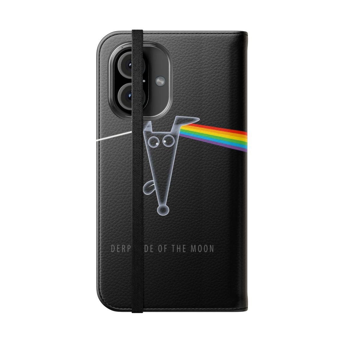 Whimsical flip cover phone case featuring a cartoon greyhound and Pink Floyd inspired design - Folded Front