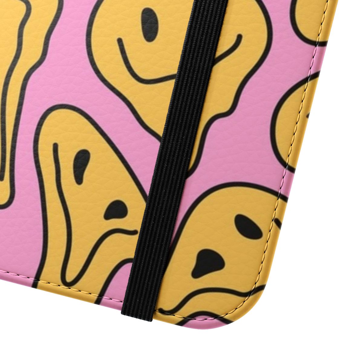 A colorful and quirky phone case featuring a melting smiley face design - Close Up